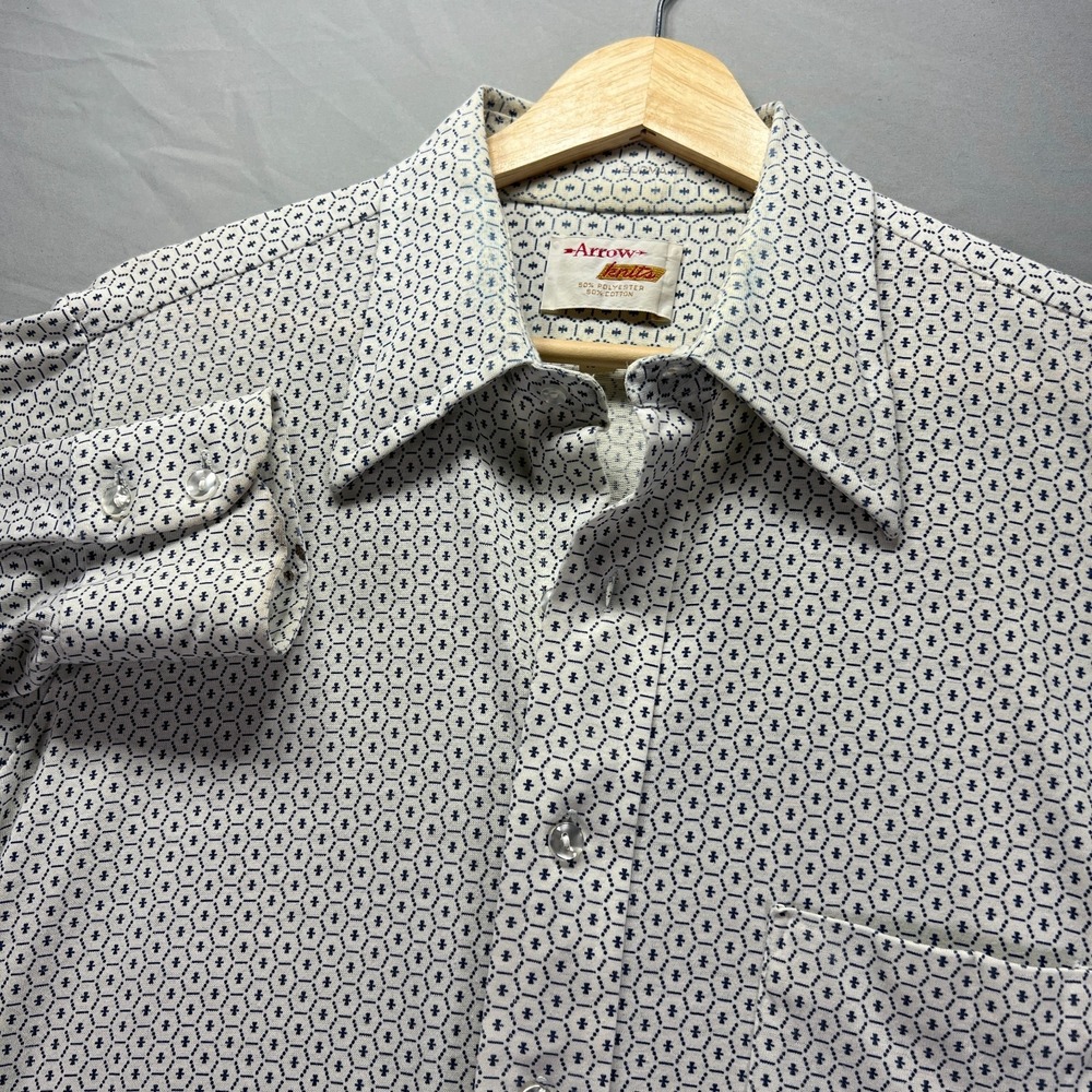 True Vintage Arrow Shirt Mens Medium Knits White Geometric Disco Collar 70s